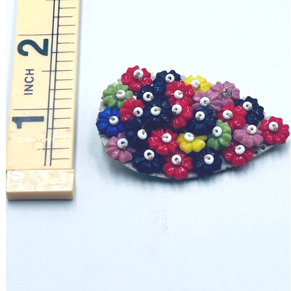 Antique Art Deco likely Miriam Haskell Multicolored Floral Mosaic Teardrop Clip